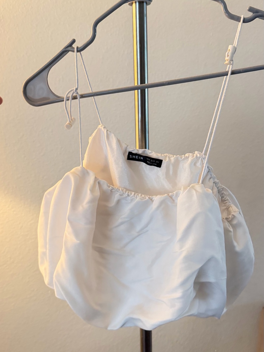 SHEIN Ivory Satin Bubble Crop Cami with Spaghetti Straps